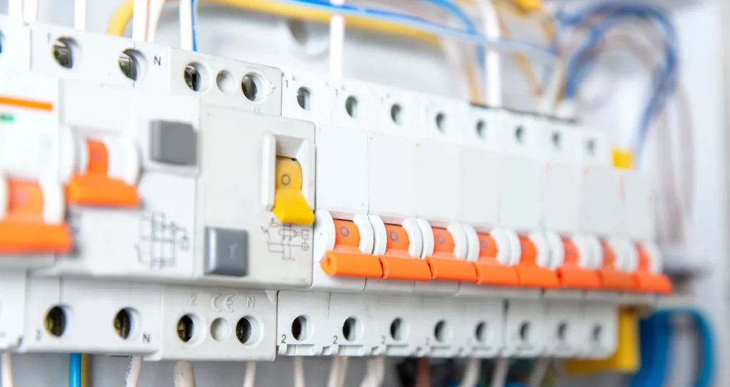 Rows of circuit breakers and RCBOs inside an upgraded residential switchboard